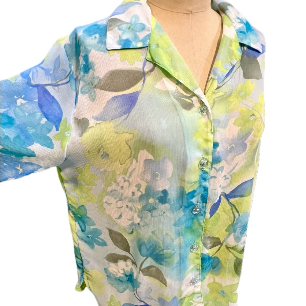 VINTAGE Lighthouse Point Florida watercolor floral sea‎ sheer button down blouse